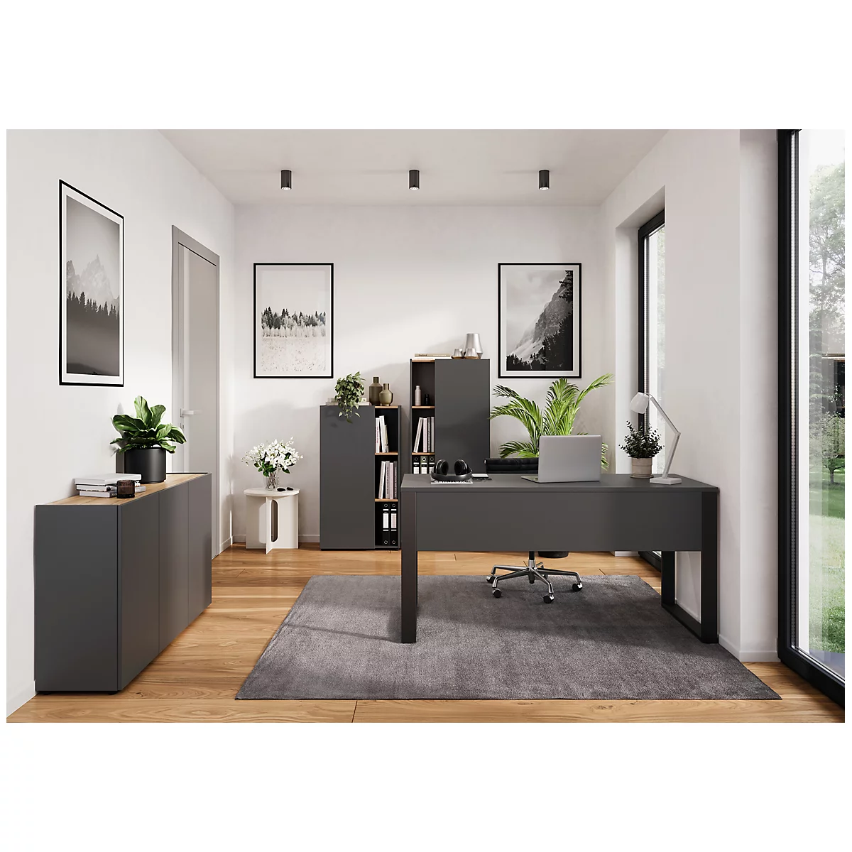 Schreibtisch Athen, Rechteck, Bügelfuß, mit Blende, B 1500 x T 600 x H 740 mm, graphit/schwarz