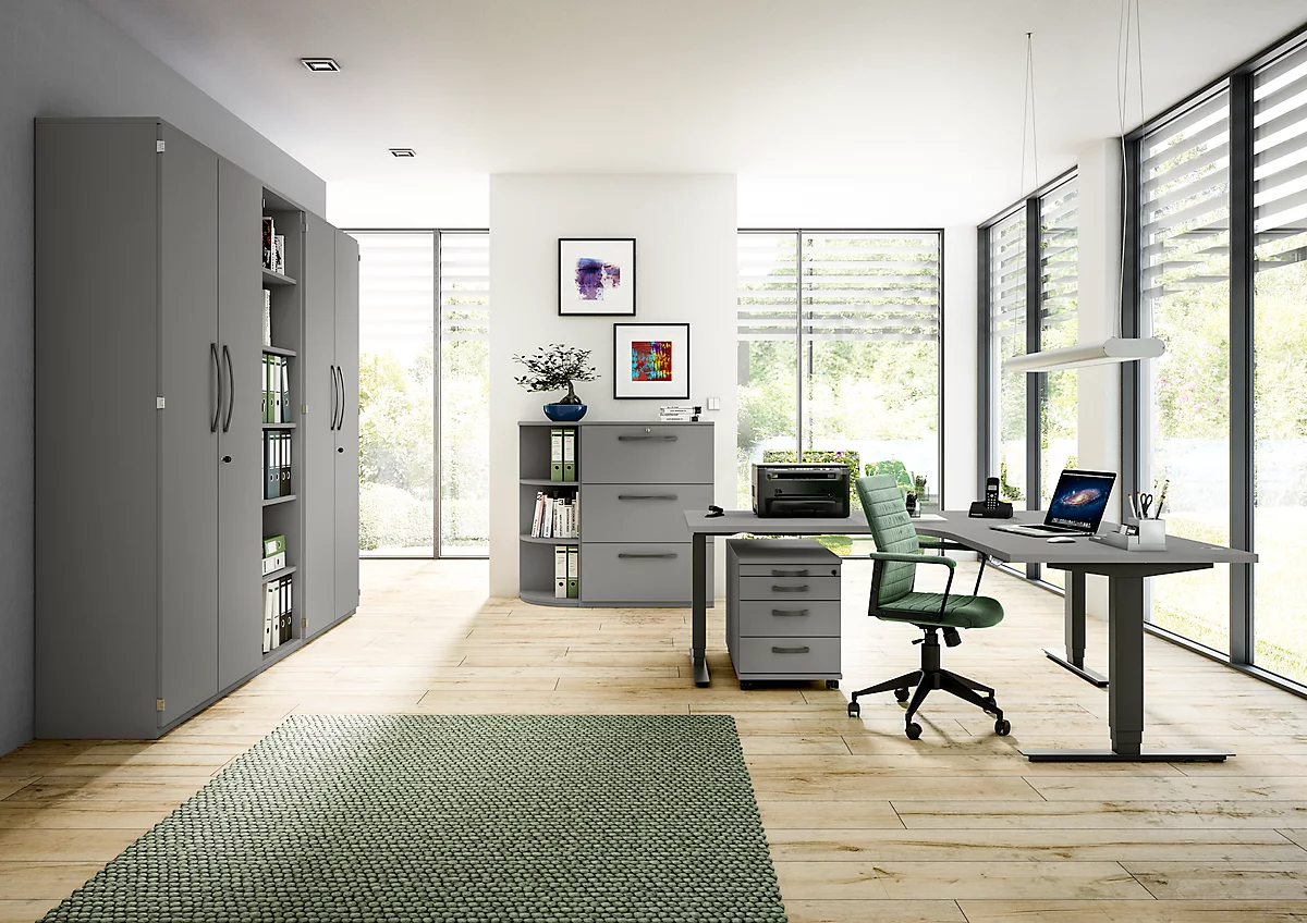 Schreibtisch BARI, Freiform, Ansatz links, C-Fuß, B 1800 x T 1000 mm, mittelgrau