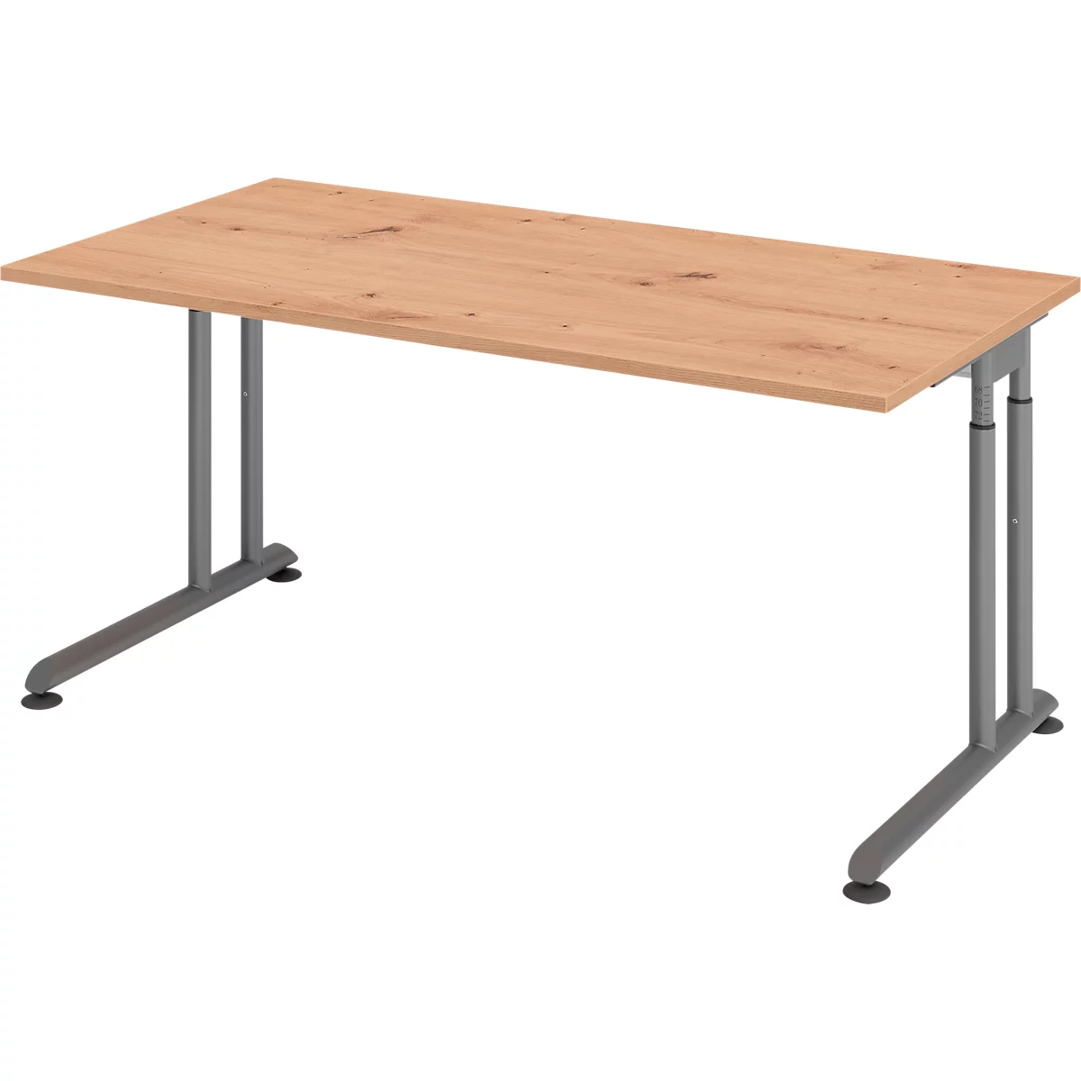 Schreibtisch Breno, manuelle Höheneinstellung, horizontaler Kabelkanal, B 1600 x T 800 x H 680-820 mm, Spanplatte & Stahl, Asteiche/Graphit