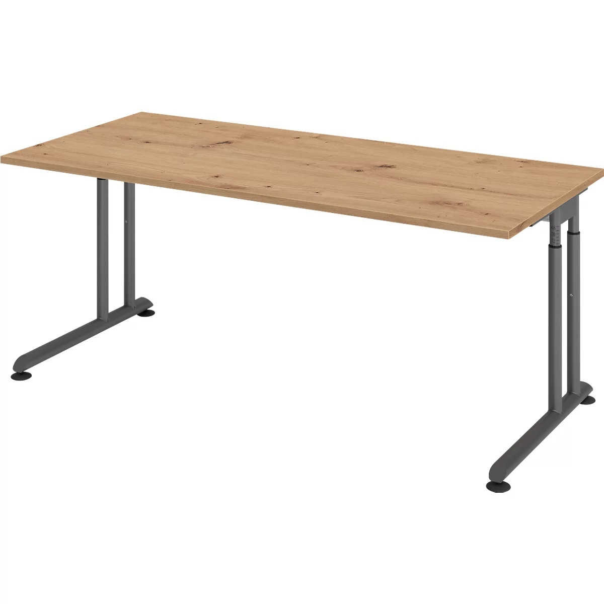 Schreibtisch Breno, manuelle Höheneinstellung, horizontaler Kabelkanal, B 1800 x T 800 x H 680-820 mm, Spanplatte & Stahl, Asteiche/Graphit
