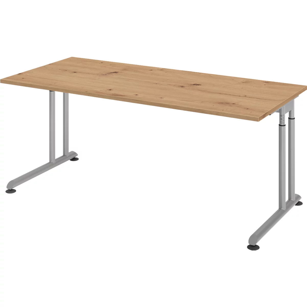 Schreibtisch Breno, manuelle Höheneinstellung, horizontaler Kabelkanal, B 1800 x T 800 x H 680-820 mm, Spanplatte & Stahl, Asteiche/Silber