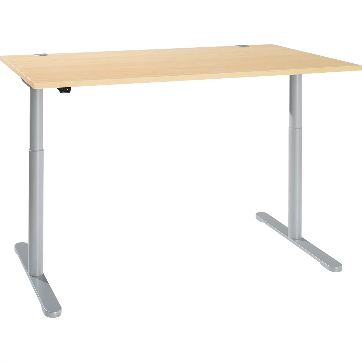 Schreibtisch, einstufig elektrisch höhenverstellbar, T-Fuß Rundrohr, B 1600 x T 800 x H 710-1180 mm, Ahorn/weißaluminium