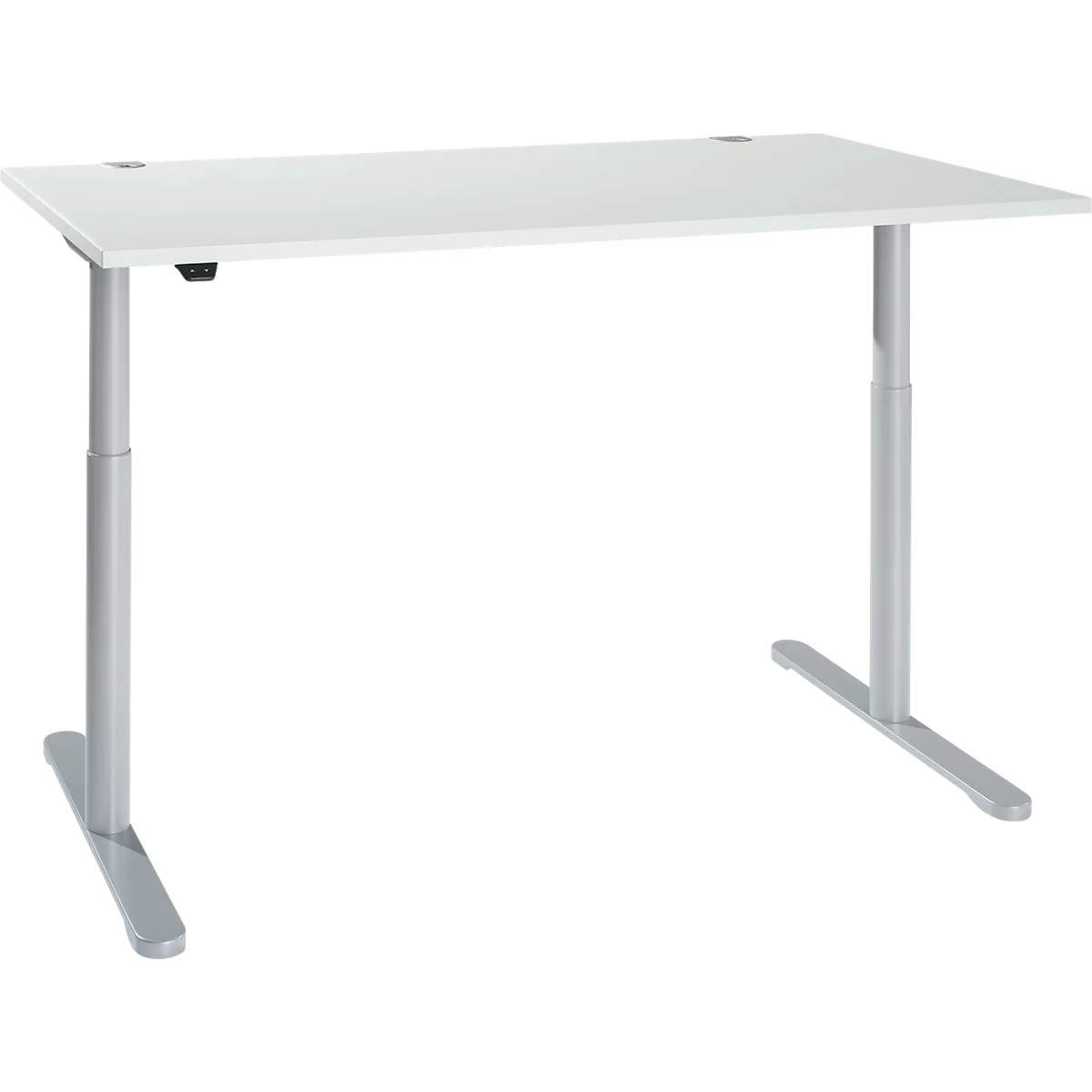Schreibtisch, einstufig elektrisch höhenverstellbar, T-Fuß Rundrohr, B 1600 x T 800 x H 710-1180 mm, lichtgrau/weißaluminium