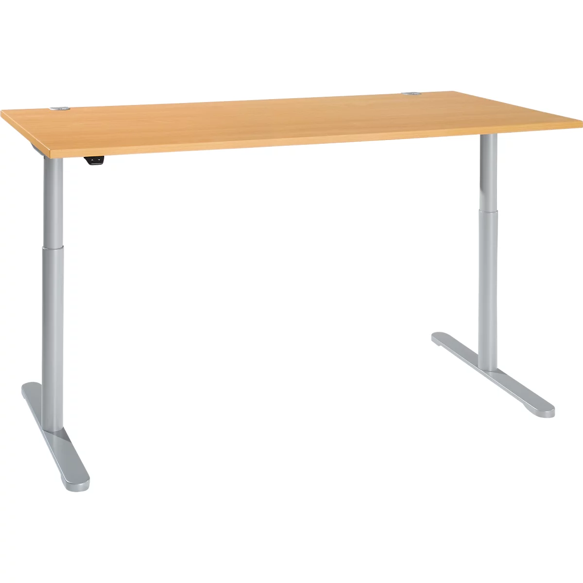 Schreibtisch, einstufig elektrisch höhenverstellbar, T-Fuß Rundrohr, B 1800 x T 800 x H 710-1180 mm, Buche/weißaluminium