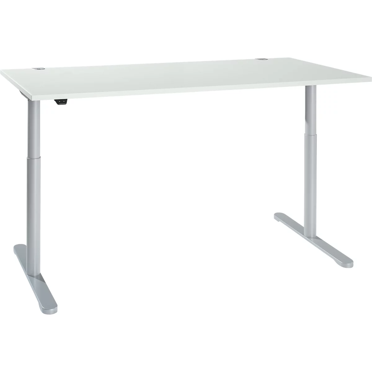 Schreibtisch, einstufig elektrisch höhenverstellbar, T-Fuß Rundrohr, B 1800 x T 800 x H 710-1180 mm, lichtgrau/weißaluminium