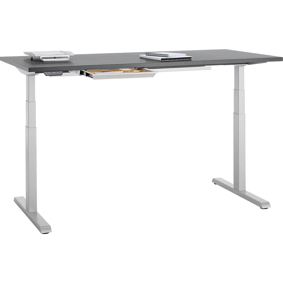 Schreibtisch, elektrisch höhenverstellbar, B 1600 x T 800 x H 615 - 1275 mm, graphit/weissalu+ Kabelkanal, Schublade