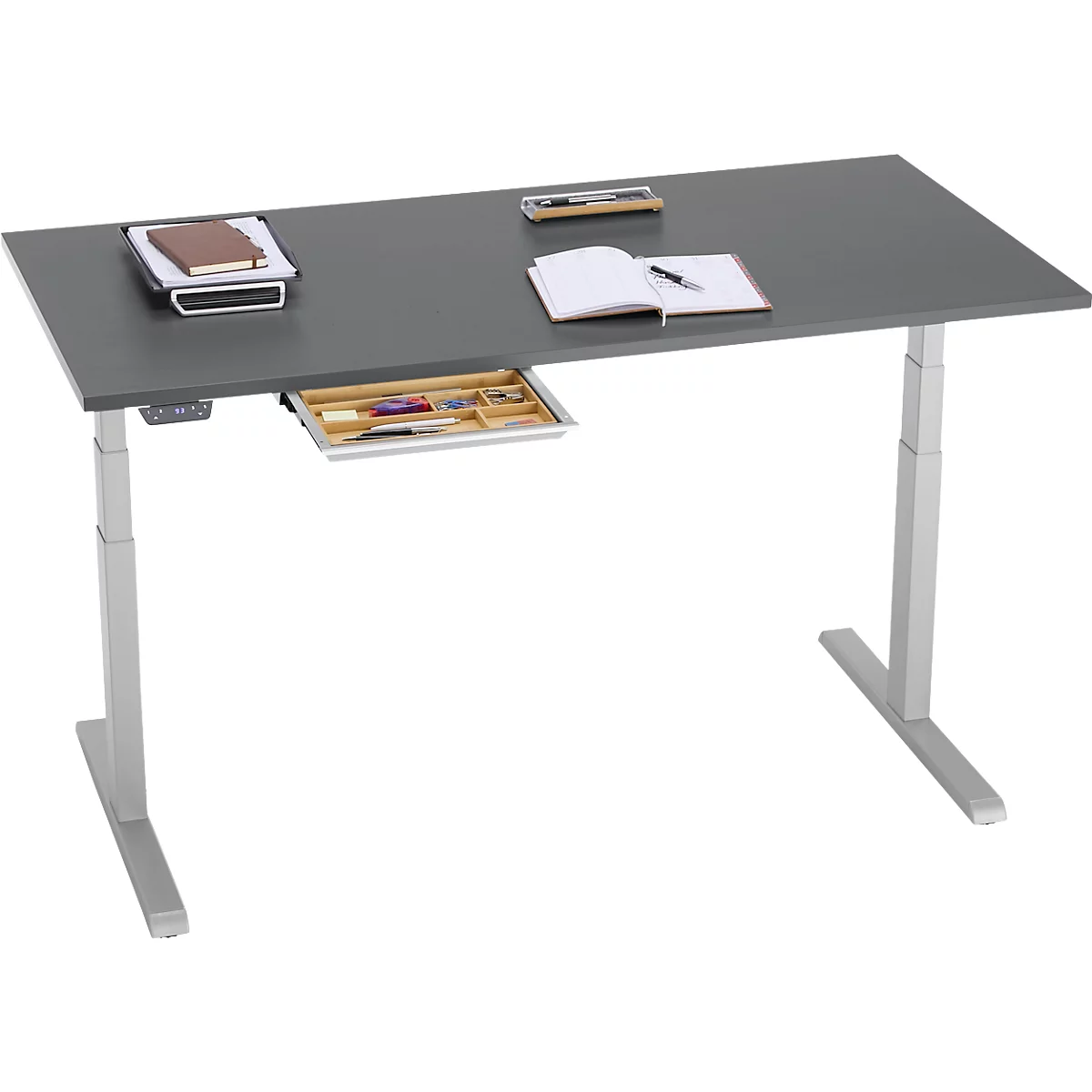 Schreibtisch, elektrisch höhenverstellbar, B 1600 x T 800 x H 615 - 1275 mm, graphit/weissalu+ Kabelkanal, Schublade