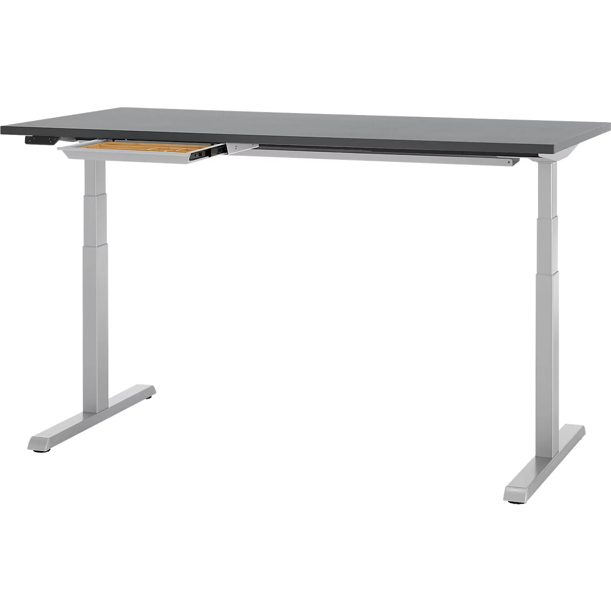 Schreibtisch, elektrisch höhenverstellbar, B 1600 x T 800 x H 615 - 1275 mm, graphit/weissalu+ Kabelkanal, Schublade