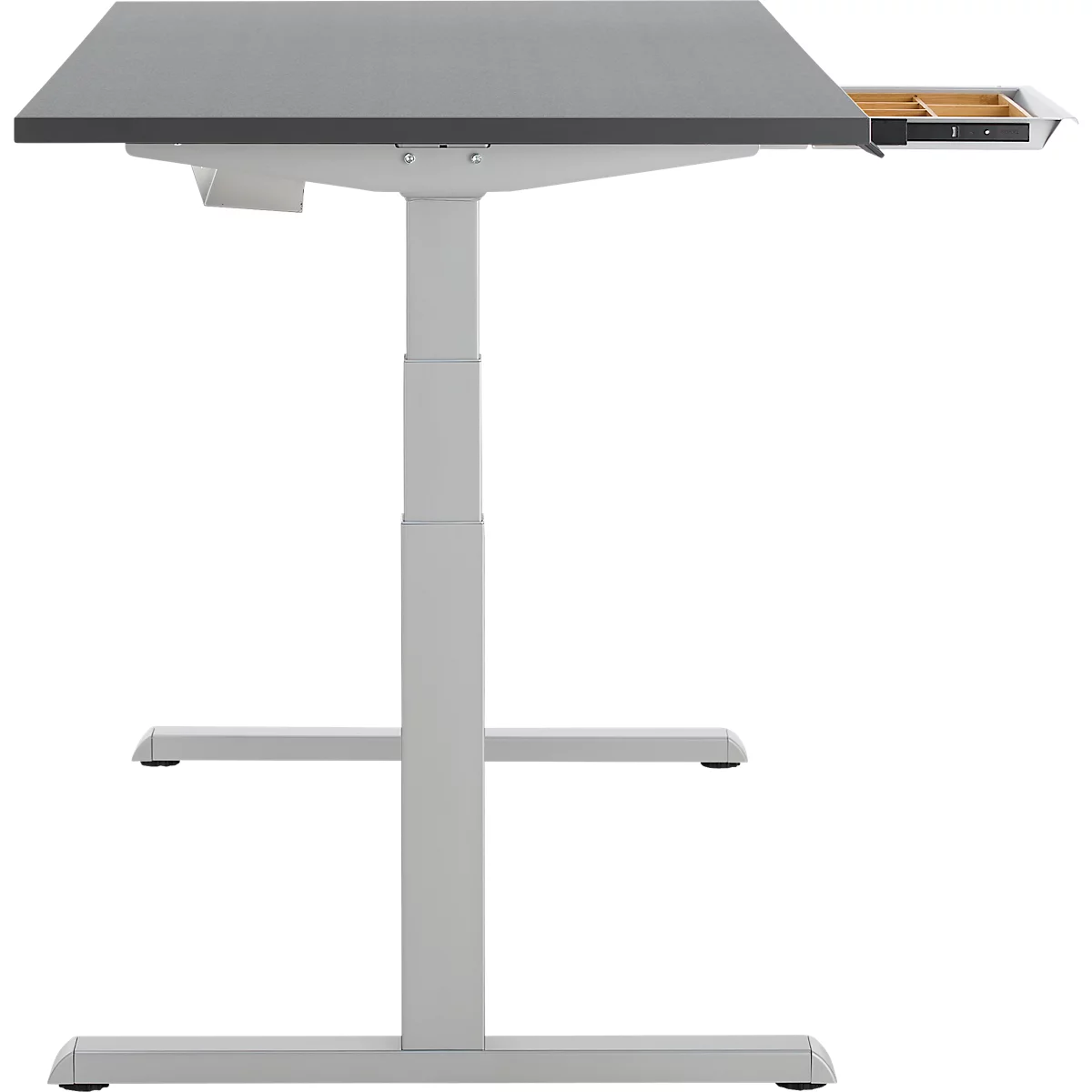 Schreibtisch, elektrisch höhenverstellbar, B 1600 x T 800 x H 615 - 1275 mm, graphit/weissalu+ Kabelkanal, Schublade