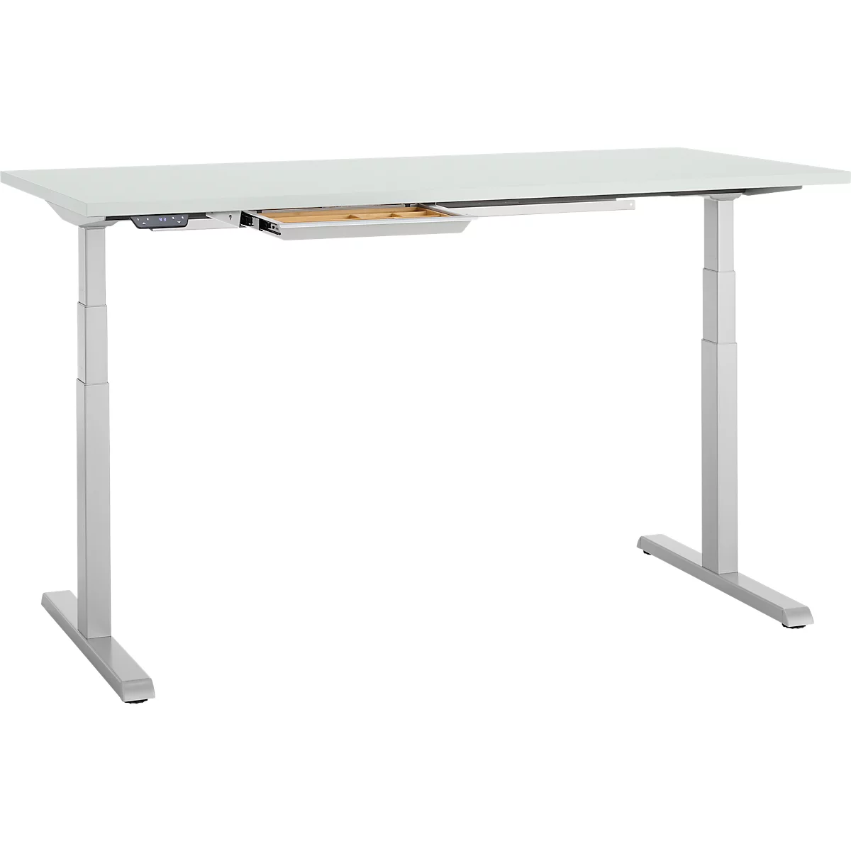 Schreibtisch, elektrisch höhenverstellbar, B 1600 x T 800 x H 615 - 1275 mm, lichtgrau/weissalu+ Kabelkanal, Schublade
