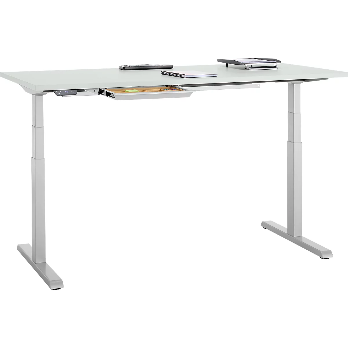 Schreibtisch, elektrisch höhenverstellbar, B 1600 x T 800 x H 615 - 1275 mm, lichtgrau/weissalu+ Kabelkanal, Schublade