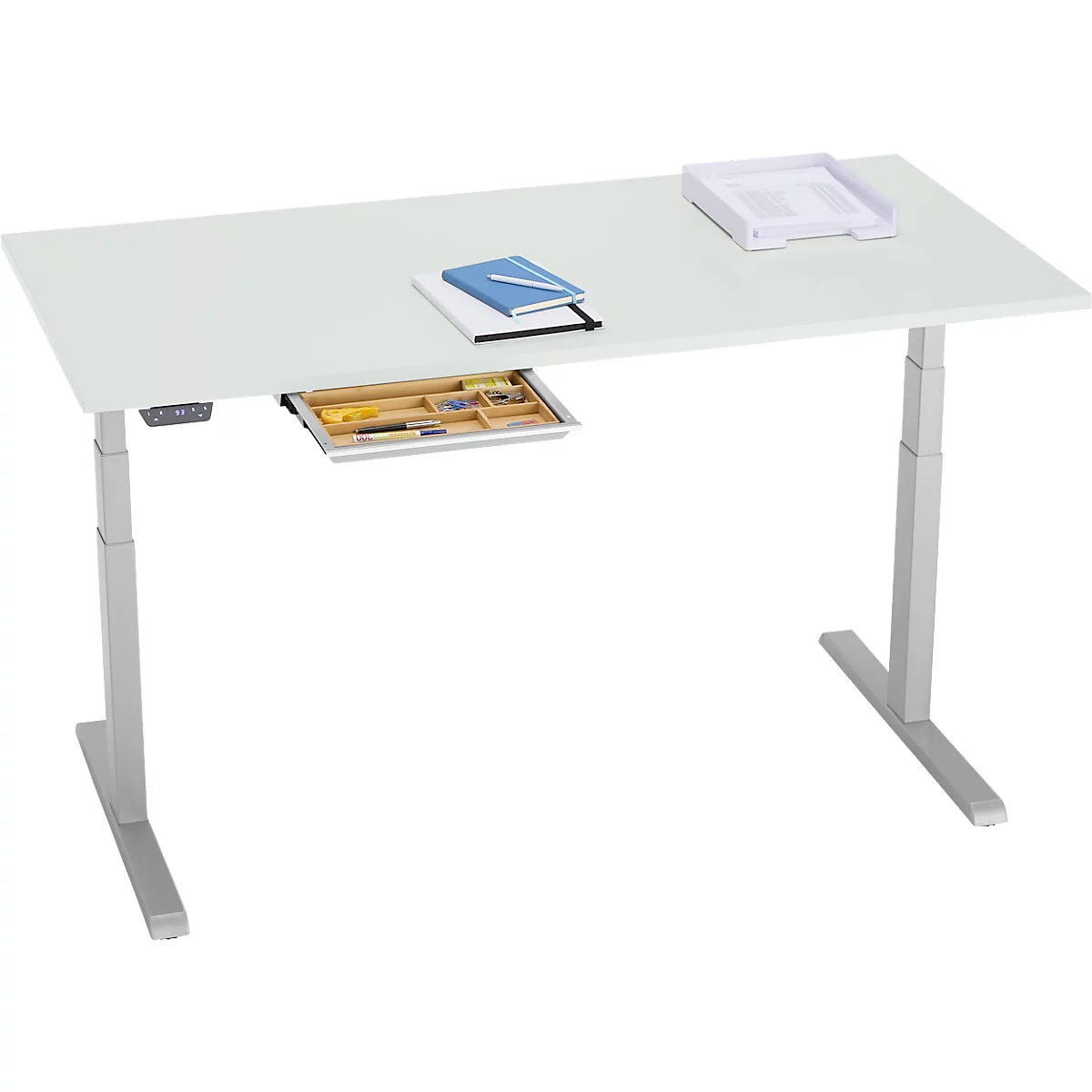 Schreibtisch, elektrisch höhenverstellbar, B 1600 x T 800 x H 615 - 1275 mm, lichtgrau/weissalu+ Kabelkanal, Schublade