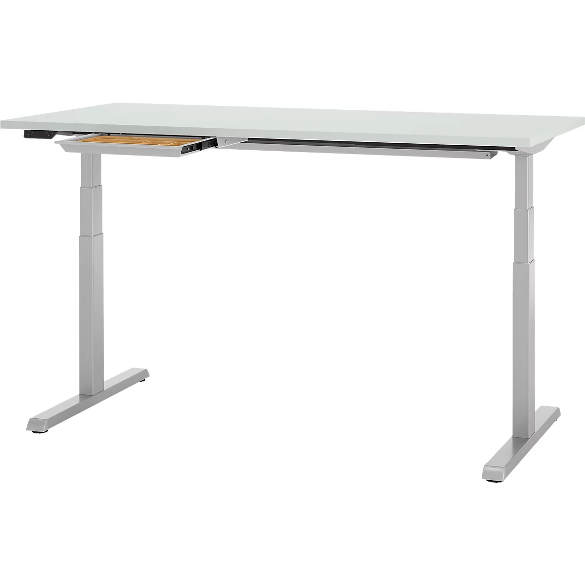 Schreibtisch, elektrisch höhenverstellbar, B 1600 x T 800 x H 615 - 1275 mm, lichtgrau/weissalu+ Kabelkanal, Schublade