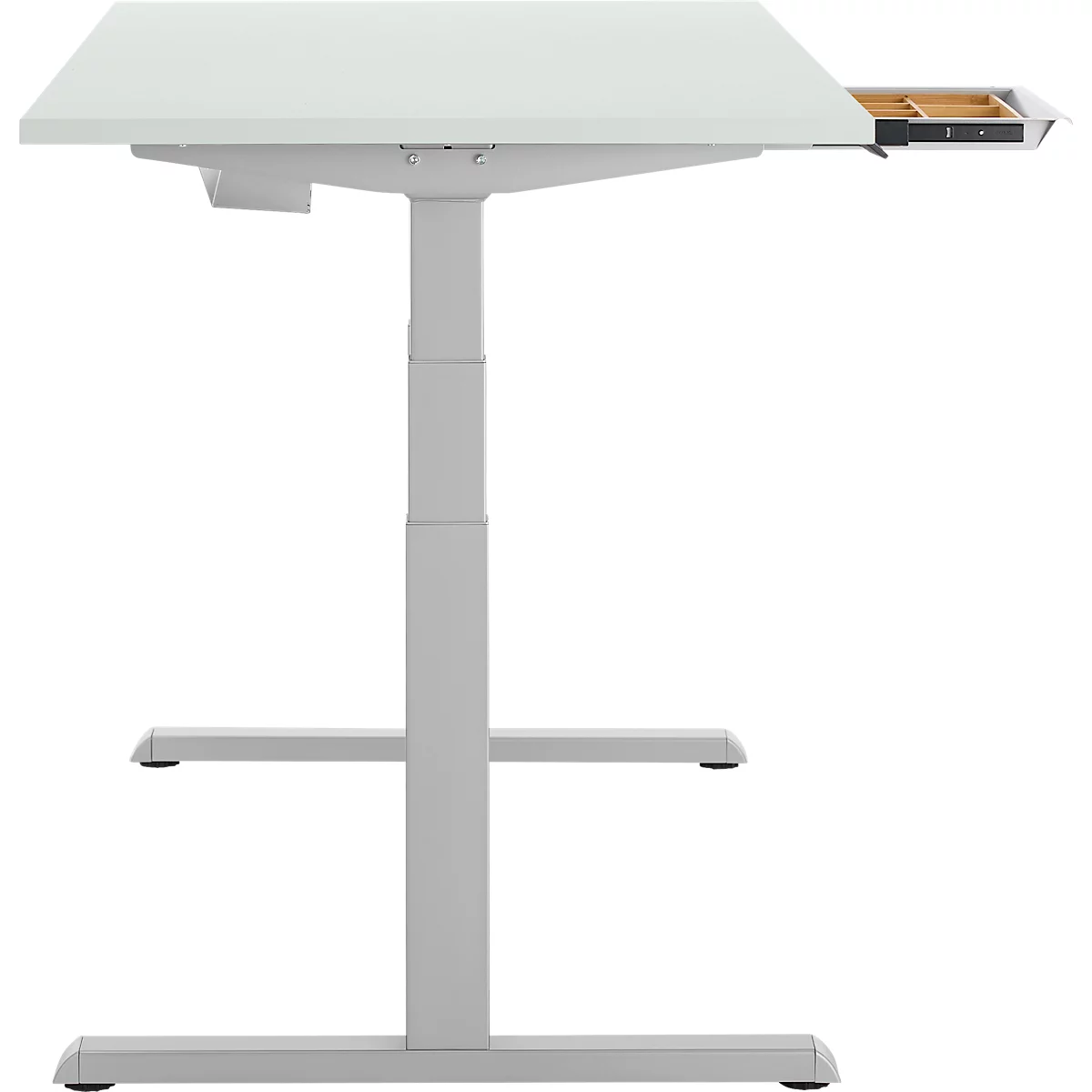 Schreibtisch, elektrisch höhenverstellbar, B 1600 x T 800 x H 615 - 1275 mm, lichtgrau/weissalu+ Kabelkanal, Schublade
