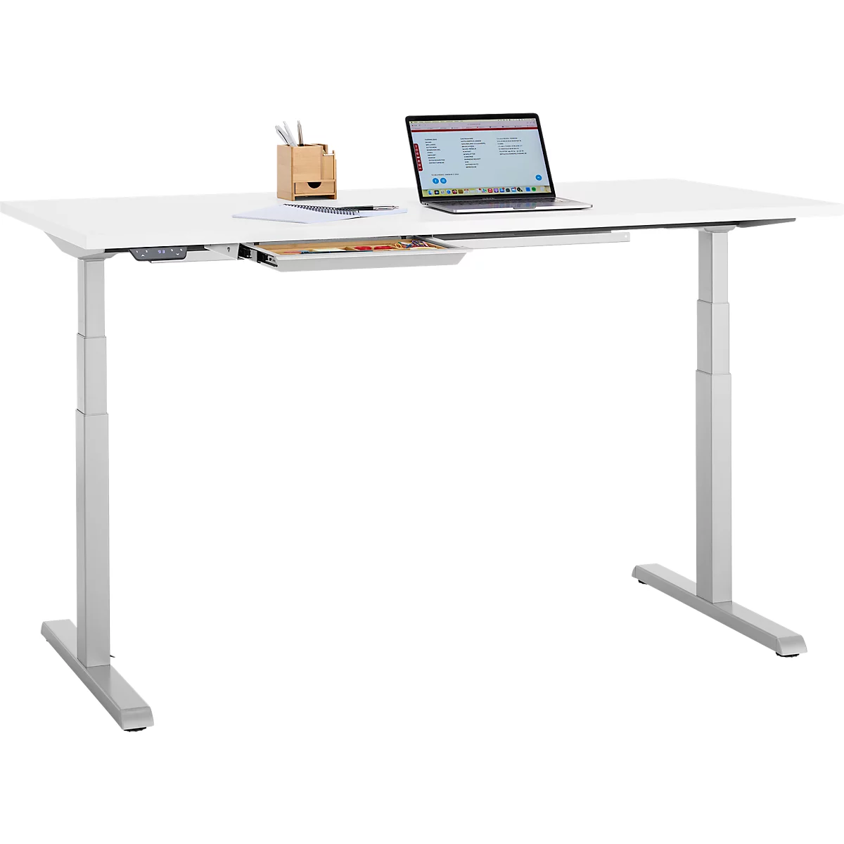Schreibtisch, elektrisch höhenverstellbar, B 1600 x T 800 x H 615 - 1275 mm, weiss/weissalu+ Kabelkanal, Schublade