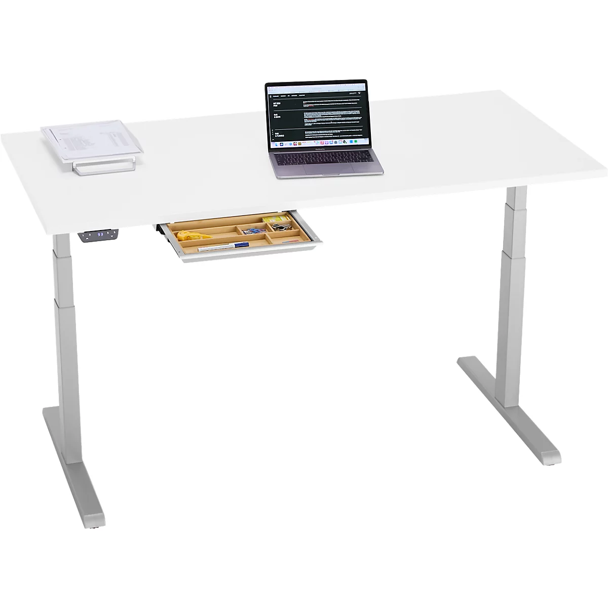 Schreibtisch, elektrisch höhenverstellbar, B 1600 x T 800 x H 615 - 1275 mm, weiss/weissalu+ Kabelkanal, Schublade