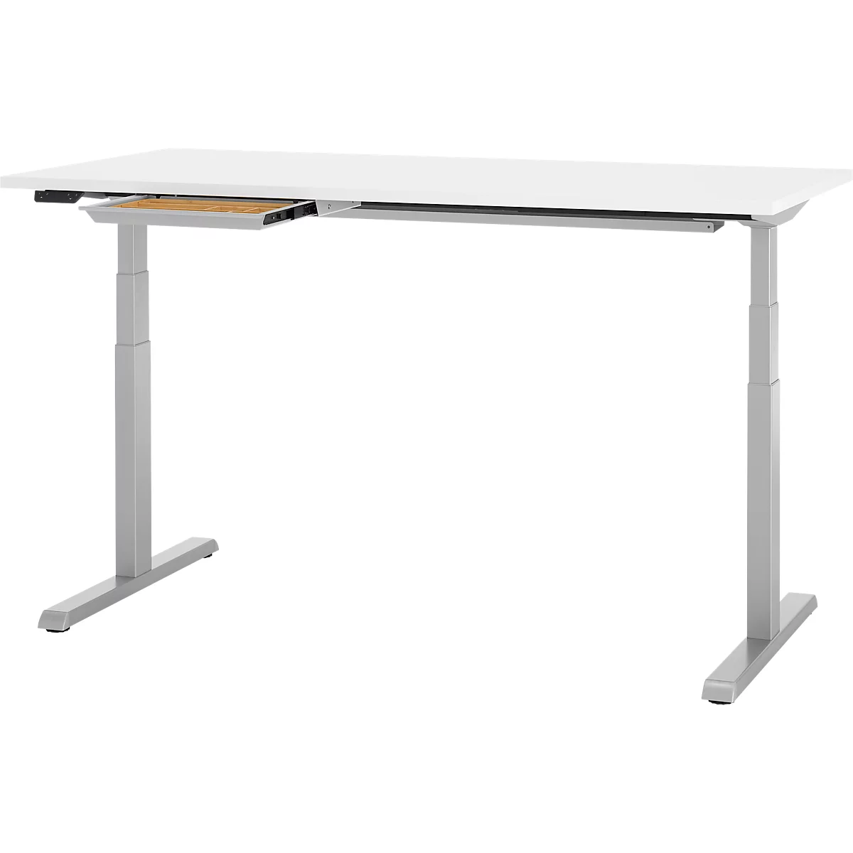 Schreibtisch, elektrisch höhenverstellbar, B 1600 x T 800 x H 615 - 1275 mm, weiss/weissalu+ Kabelkanal, Schublade