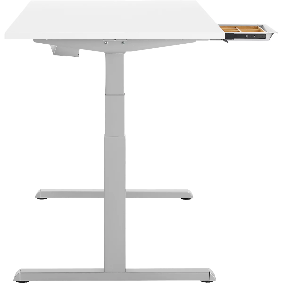 Schreibtisch, elektrisch höhenverstellbar, B 1600 x T 800 x H 615 - 1275 mm, weiss/weissalu+ Kabelkanal, Schublade