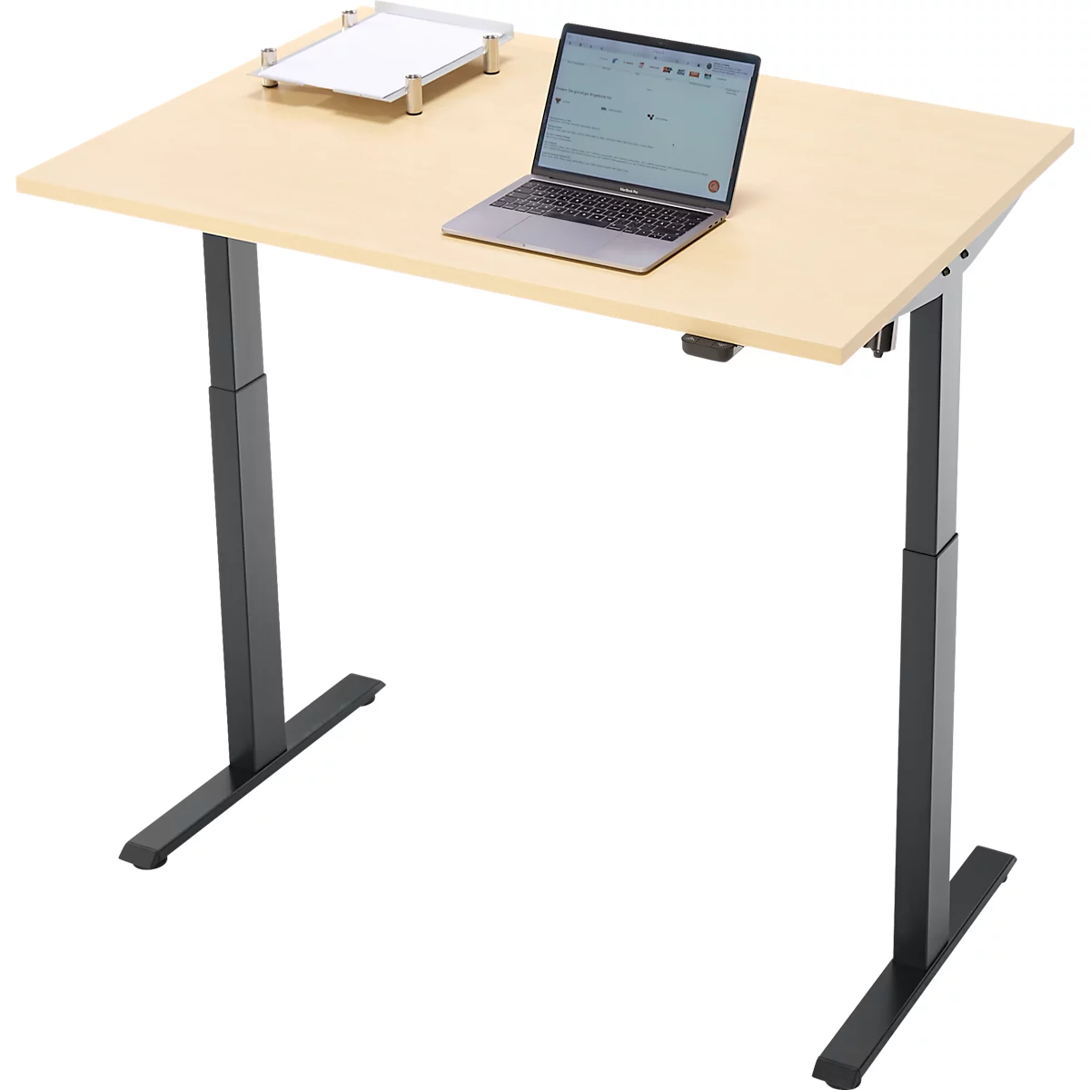 Schreibtisch, elektrisch höhenverstellbar, Rechteck, T-Fuss, B 1200 x T 800 x H 720-1200 mm, Ahorn-Dekor/schwarz