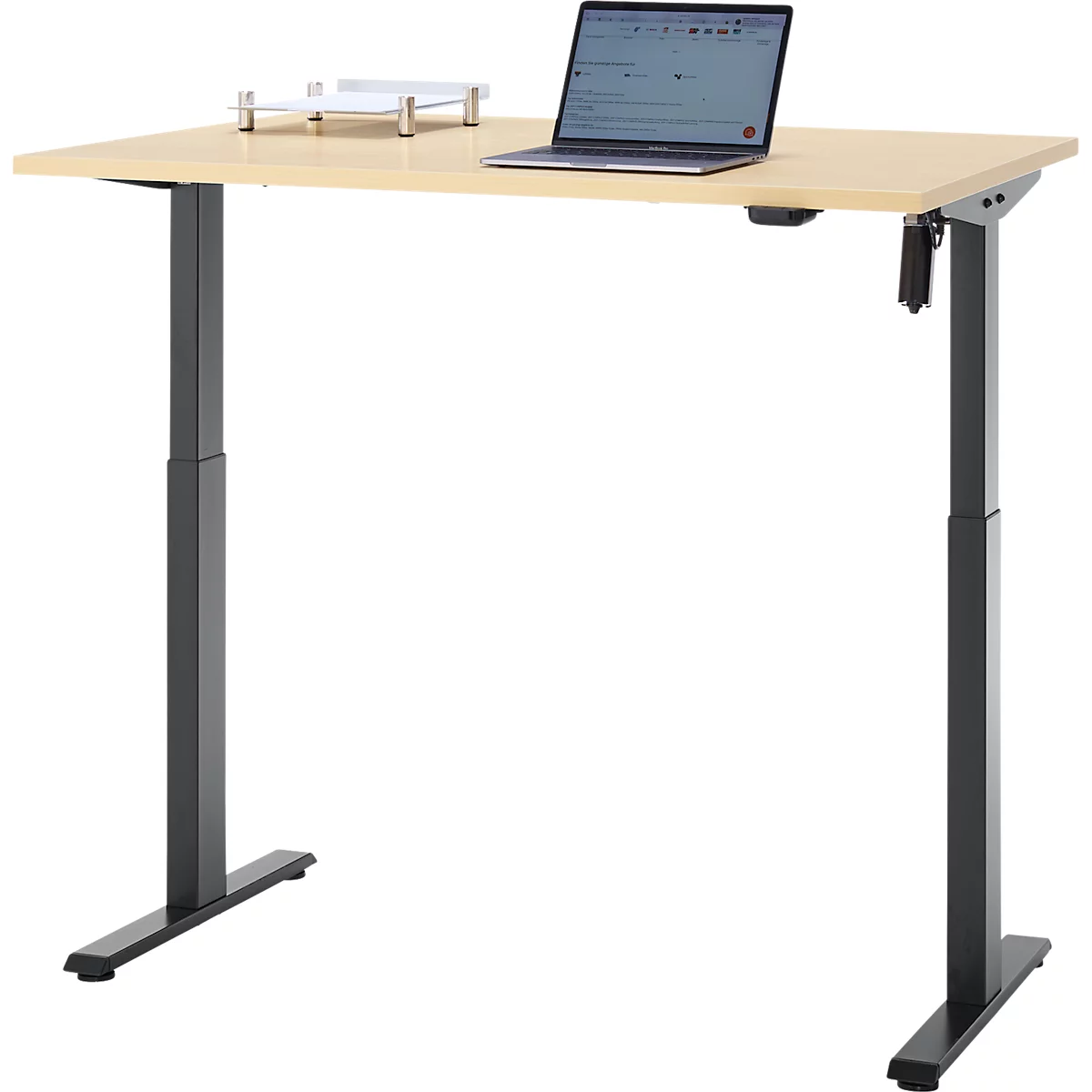 Schreibtisch, elektrisch höhenverstellbar, Rechteck, T-Fuss, B 1200 x T 800 x H 720-1200 mm, Ahorn-Dekor/schwarz