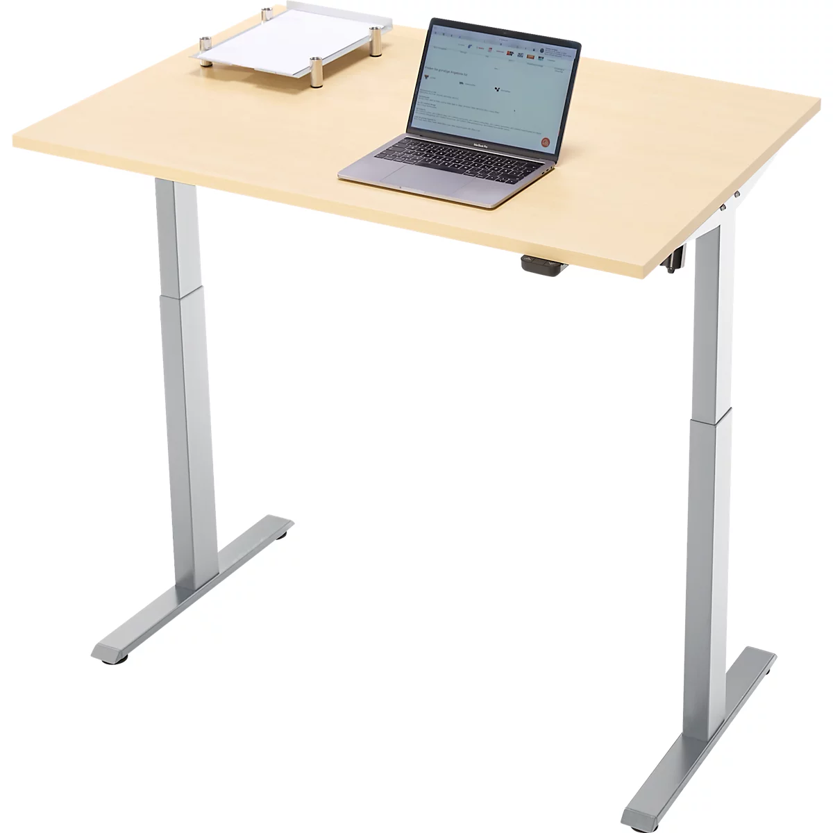 Schreibtisch, elektrisch höhenverstellbar, Rechteck, T-Fuss, B 1200 x T 800 x H 720-1200 mm, Ahorn-Dekor/silber