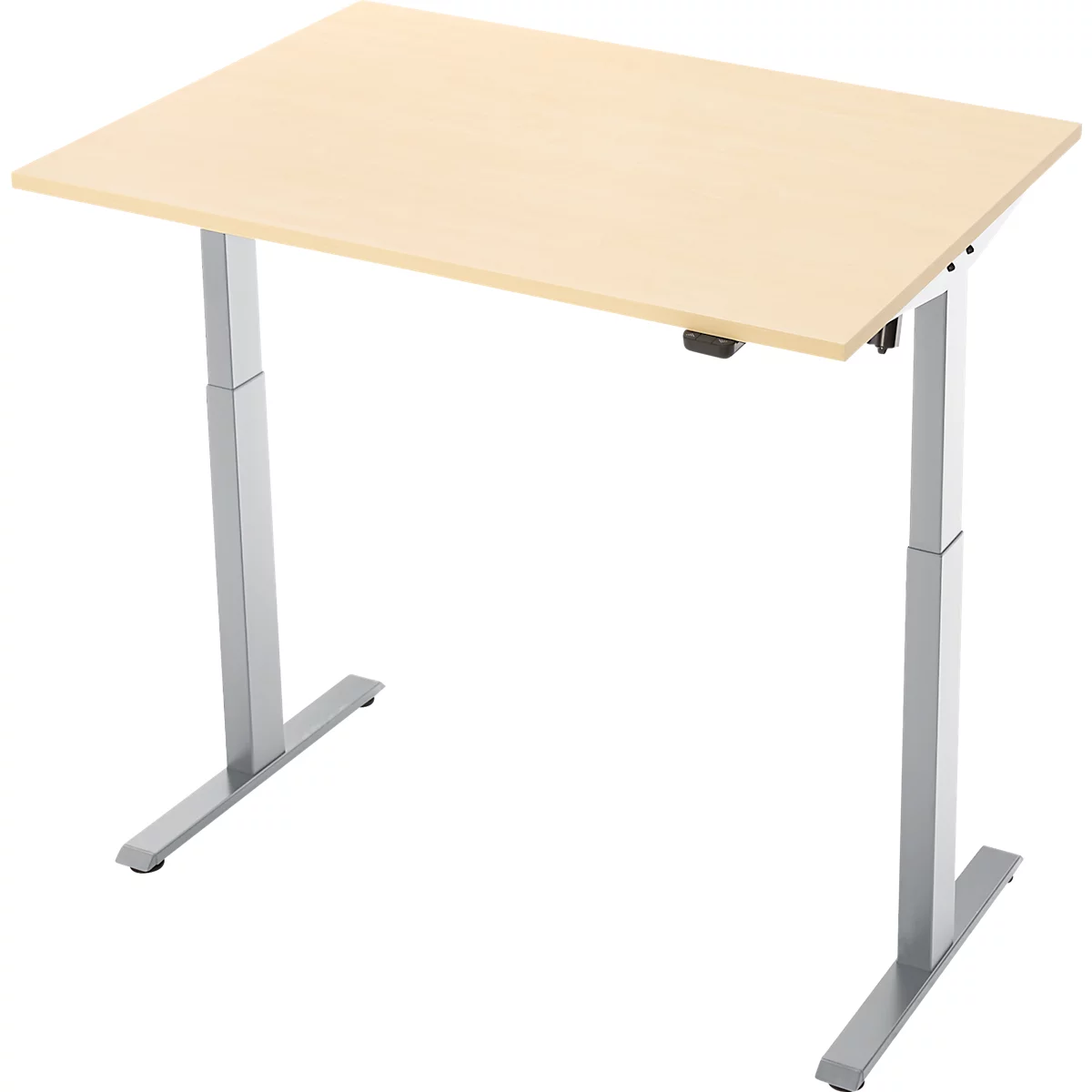 Schreibtisch, elektrisch höhenverstellbar, Rechteck, T-Fuss, B 1200 x T 800 x H 720-1200 mm, Ahorn-Dekor/silber