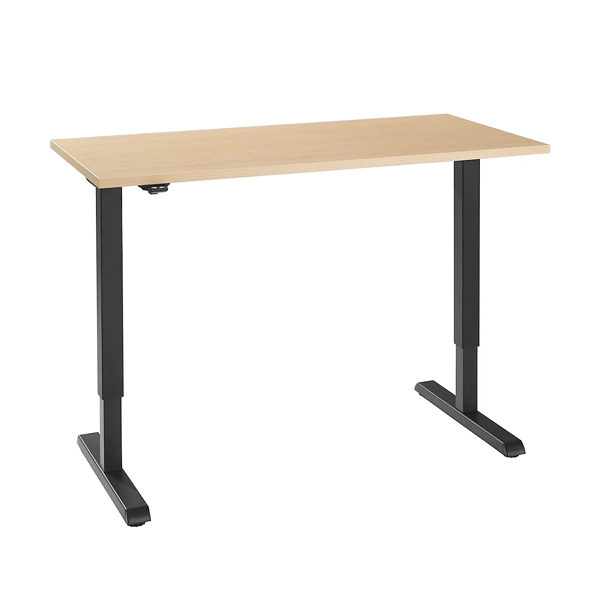 Schreibtisch, elektrisch höhenverstellbar, Rechteck, T-Fuss, B 1300 x T 650 x H 715-1205 mm, Ahorn/schwarz 