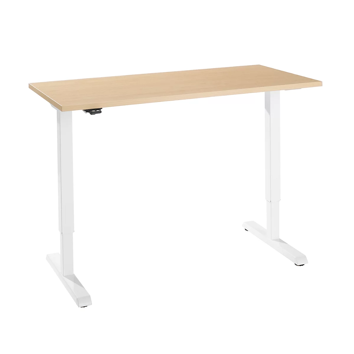 Schreibtisch, elektrisch höhenverstellbar, Rechteck, T-Fuß, B 1300 x T 650 x H 715-1205 mm, Ahorn/weiß