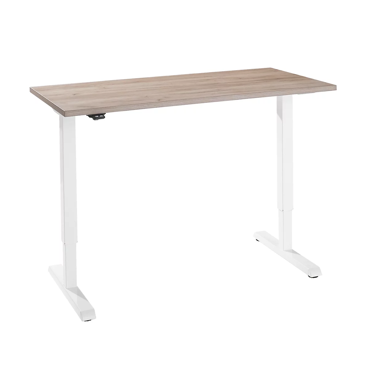 Schreibtisch, elektrisch höhenverstellbar, Rechteck, T-Fuss, B 1300 x T 650 x H 715-1205 mm, Eiche/weiss 