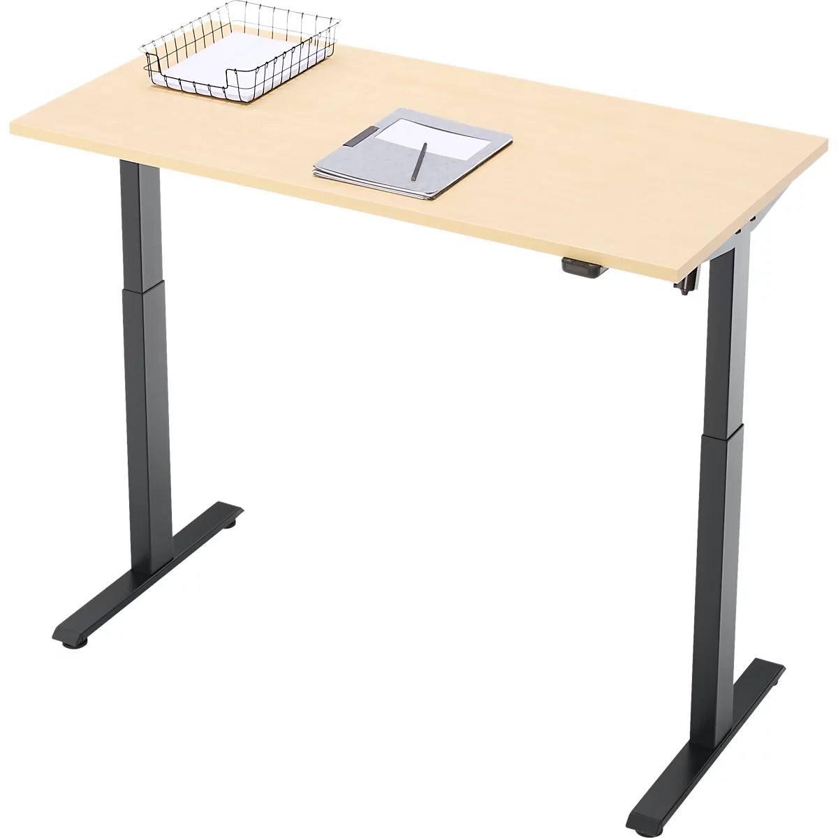 Schreibtisch, elektrisch höhenverstellbar, Rechteck, T-Fuss, B 1300 x T 650 x H 720-1200 mm, Ahorn-Dekor/schwarz