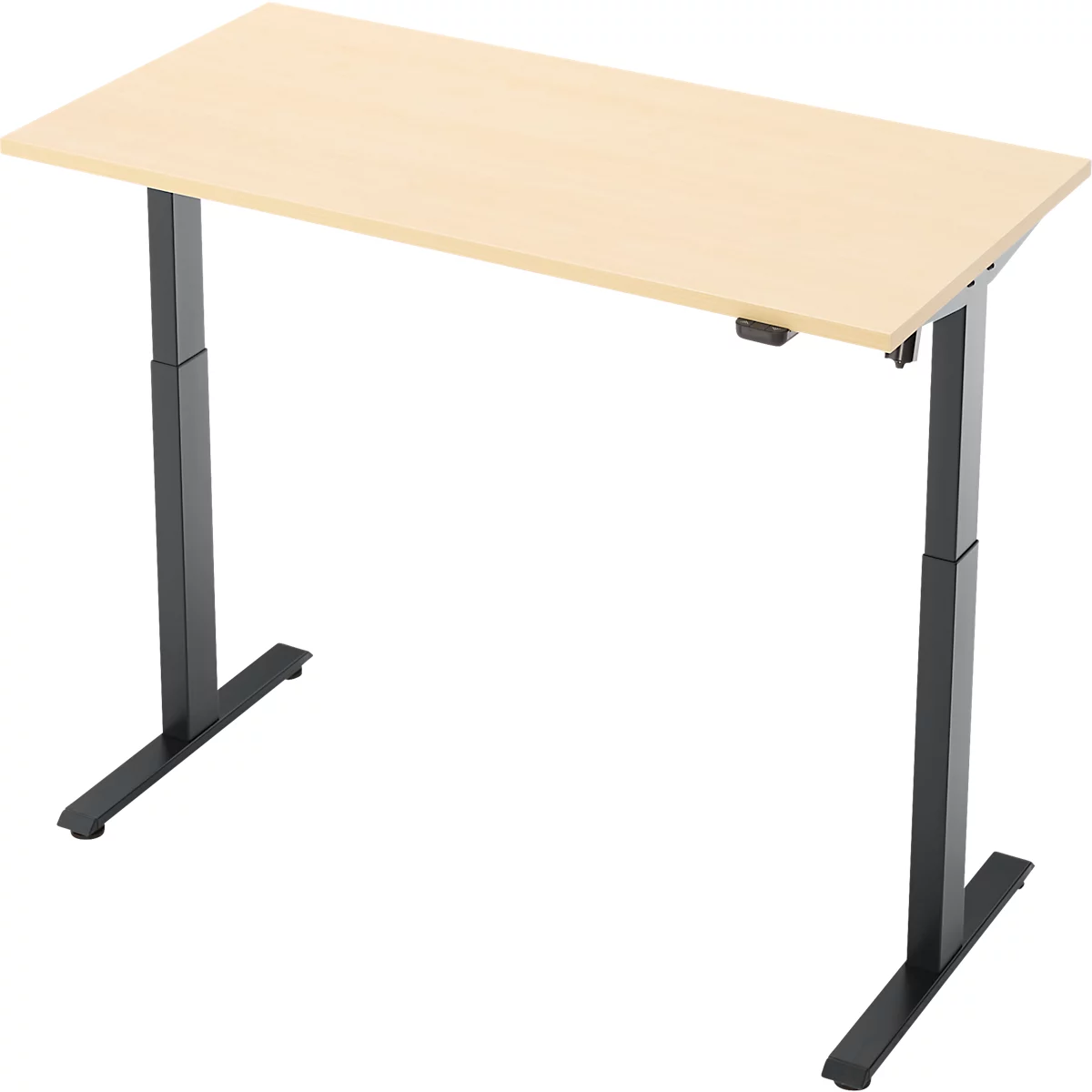 Schreibtisch, elektrisch höhenverstellbar, Rechteck, T-Fuss, B 1300 x T 650 x H 720-1200 mm, Ahorn-Dekor/schwarz