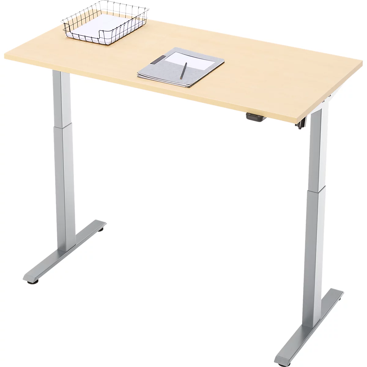 Schreibtisch, elektrisch höhenverstellbar, Rechteck, T-Fuss, B 1300 x T 650 x H 720-1200 mm, Ahorn-Dekor/silber