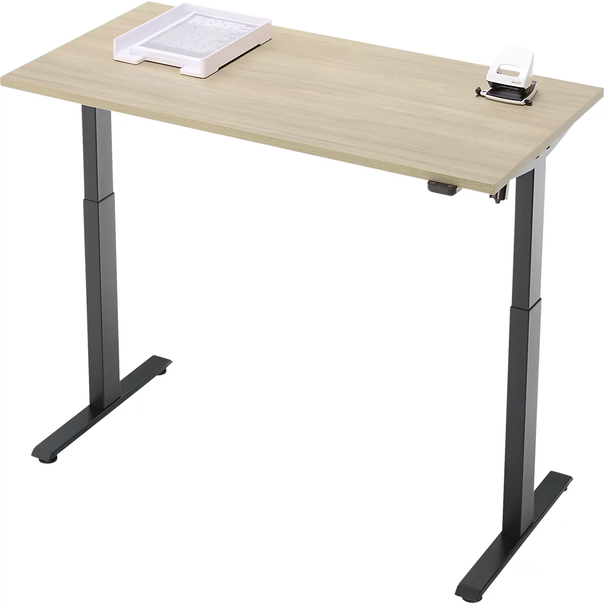 Schreibtisch, elektrisch höhenverstellbar, Rechteck, T-Fuss, B 1300 x T 650 x H 720-1200 mm, Eiche-Dekor/schwarz