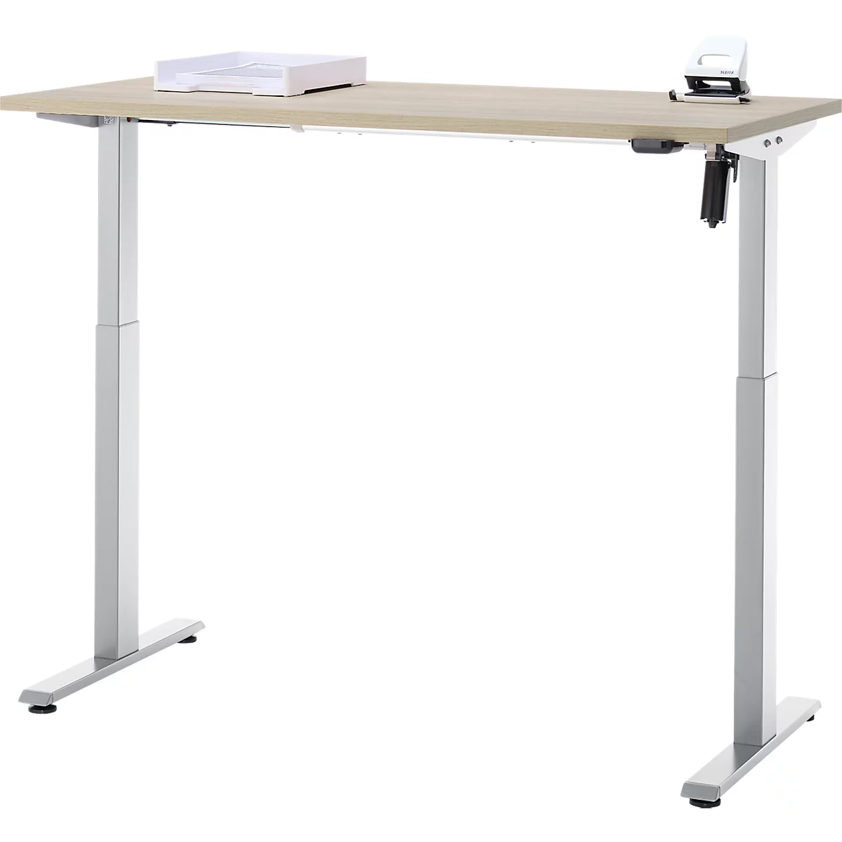 Schreibtisch, elektrisch höhenverstellbar, Rechteck, T-Fuss, B 1300 x T 650 x H 720-1200 mm, Eiche-Dekor/silber