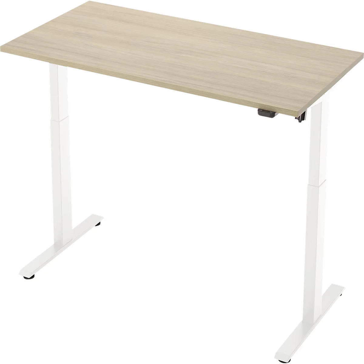Schreibtisch, elektrisch höhenverstellbar, Rechteck, T-Fuss, B 1300 x T 650 x H 720-1200 mm, Eiche-Dekor/weiss