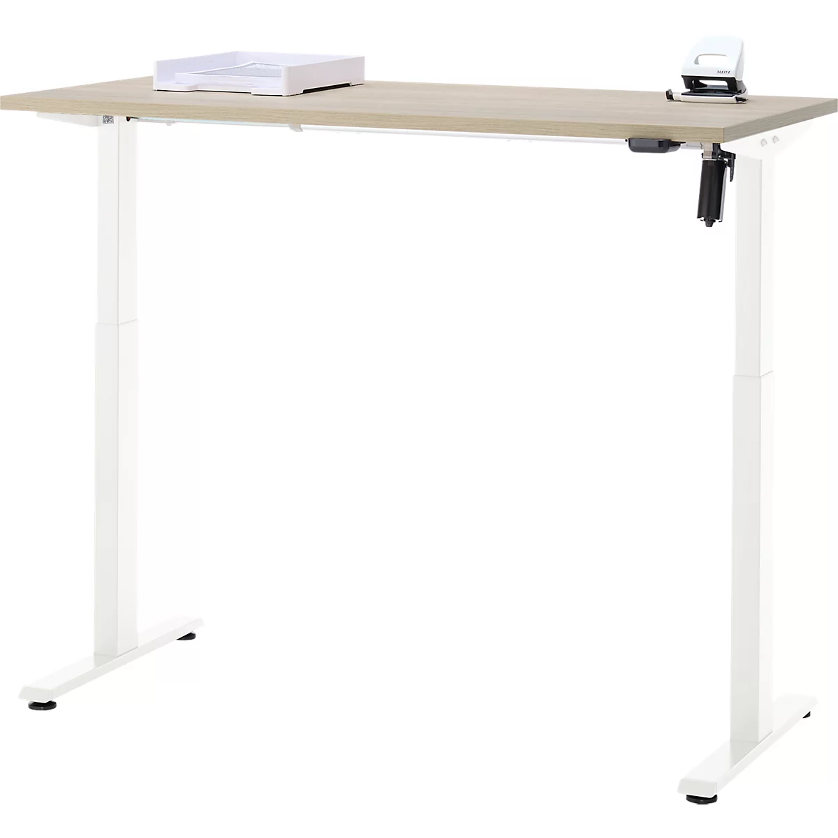 Schreibtisch, elektrisch höhenverstellbar, Rechteck, T-Fuss, B 1300 x T 650 x H 720-1200 mm, Eiche-Dekor/weiss