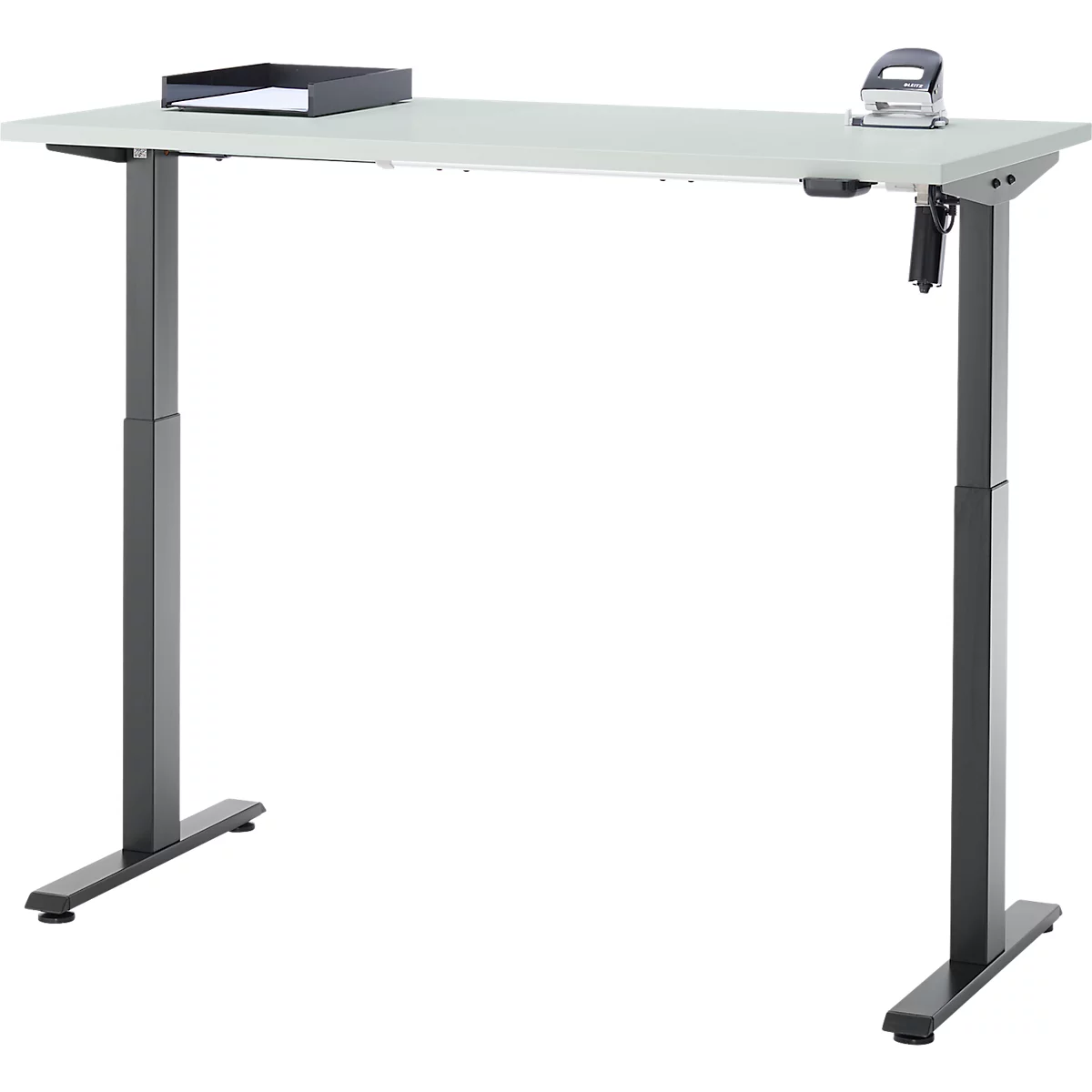 Schreibtisch, elektrisch höhenverstellbar, Rechteck, T-Fuss, B 1300 x T 650 x H 720-1200 mm, lichtgrau/schwarz