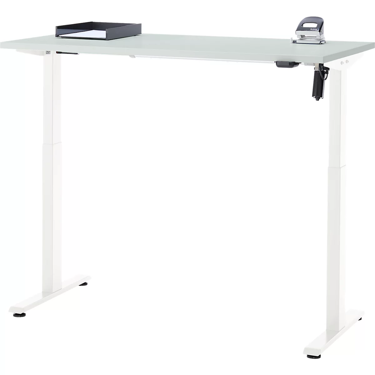 Schreibtisch, elektrisch höhenverstellbar, Rechteck, T-Fuss, B 1300 x T 650 x H 720-1200 mm, lichtgrau/weiss