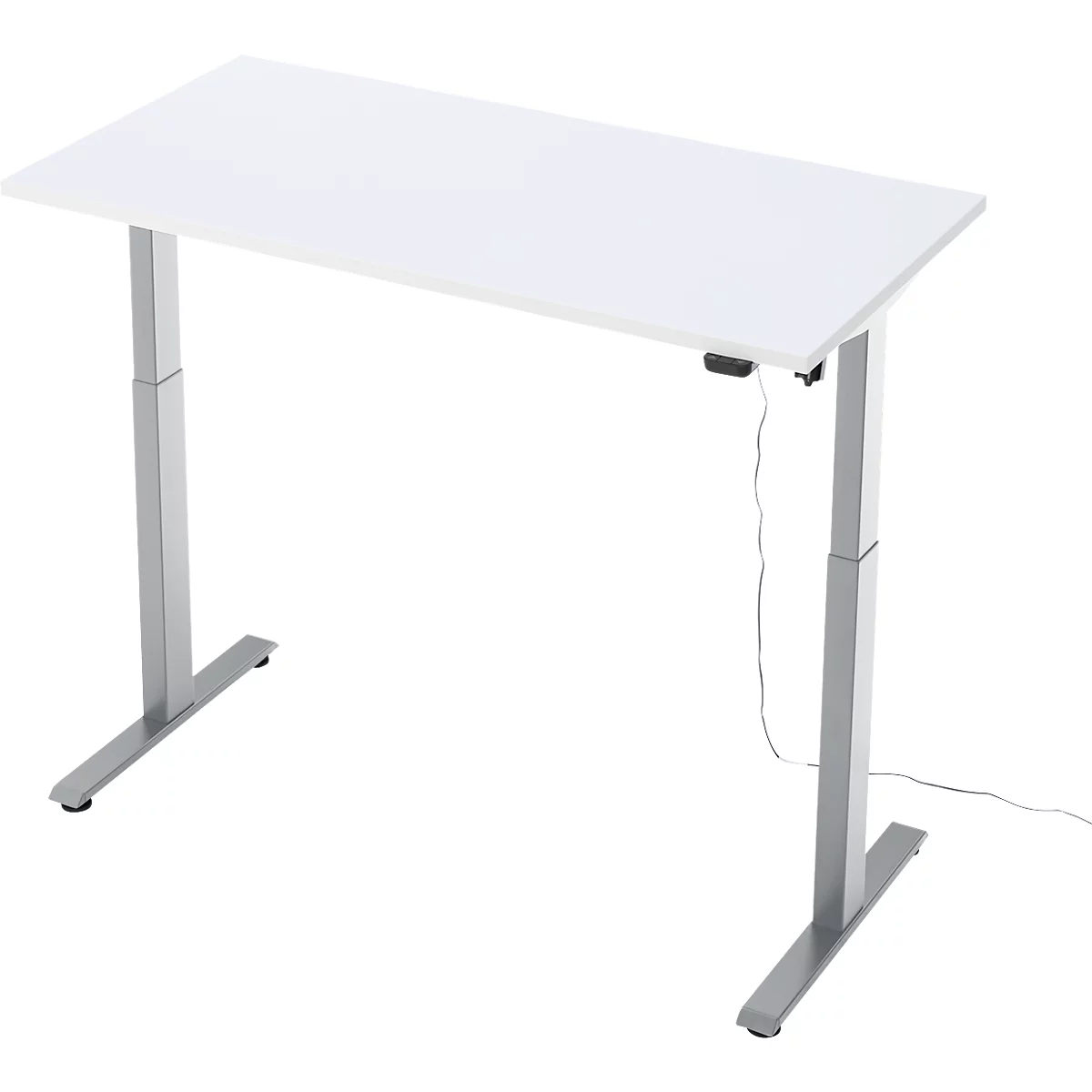Schreibtisch, elektrisch höhenverstellbar, Rechteck, T-Fuss, B 1300 x T 650 x H 720-1200 mm, weiss/silber