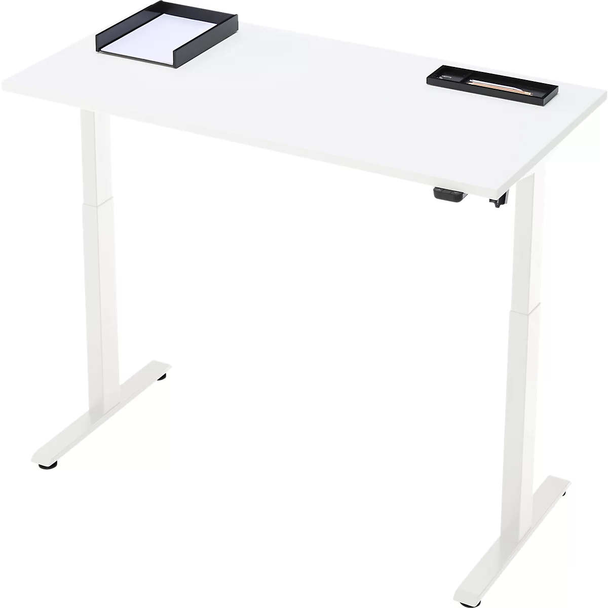 Schreibtisch, elektrisch höhenverstellbar, Rechteck, T-Fuss, B 1300 x T 650 x H 720-1200 mm, weiss/weiss
