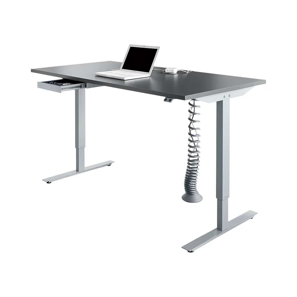 Schreibtisch, elektrisch höhenverstellbar, Rechteck, T-Fuß, B 1600 mm, graphit/weißalu + Schublade & Kabelspirale