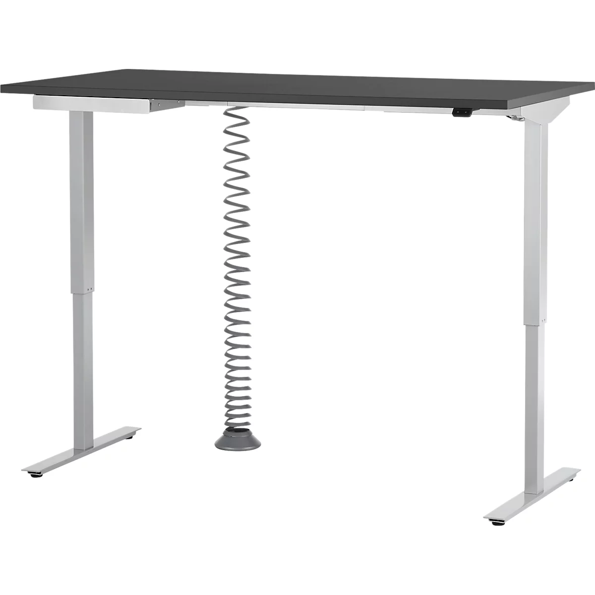 Schreibtisch, elektrisch höhenverstellbar, Rechteck, T-Fuß, B 1600 mm, graphit/weißalu + Schublade & Kabelspirale