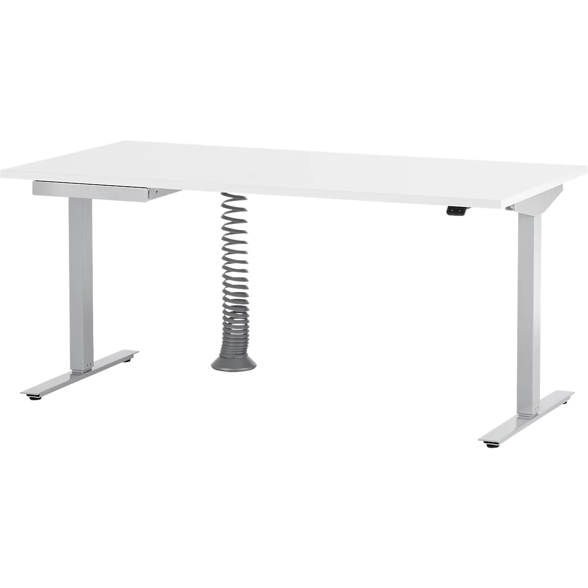 Schreibtisch, elektrisch höhenverstellbar, Rechteck, T-Fuß, B 1600 mm, weiß/weißalu + Schublade & Kabelspirale