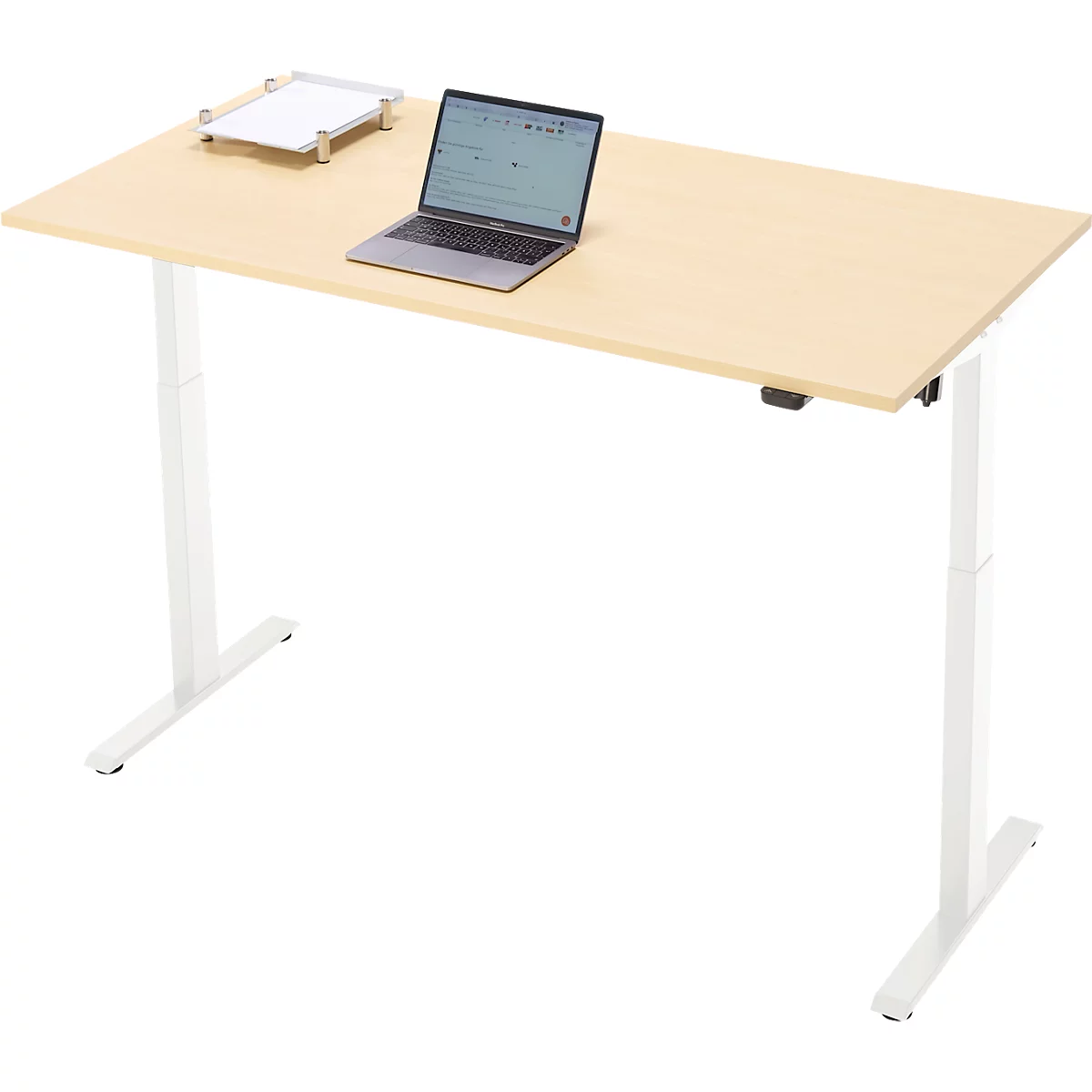 Schreibtisch, elektrisch höhenverstellbar, Rechteck, T-Fuss, B 1600 x T 800 x H 720-1200 mm, Ahorn-Dekor/weiss