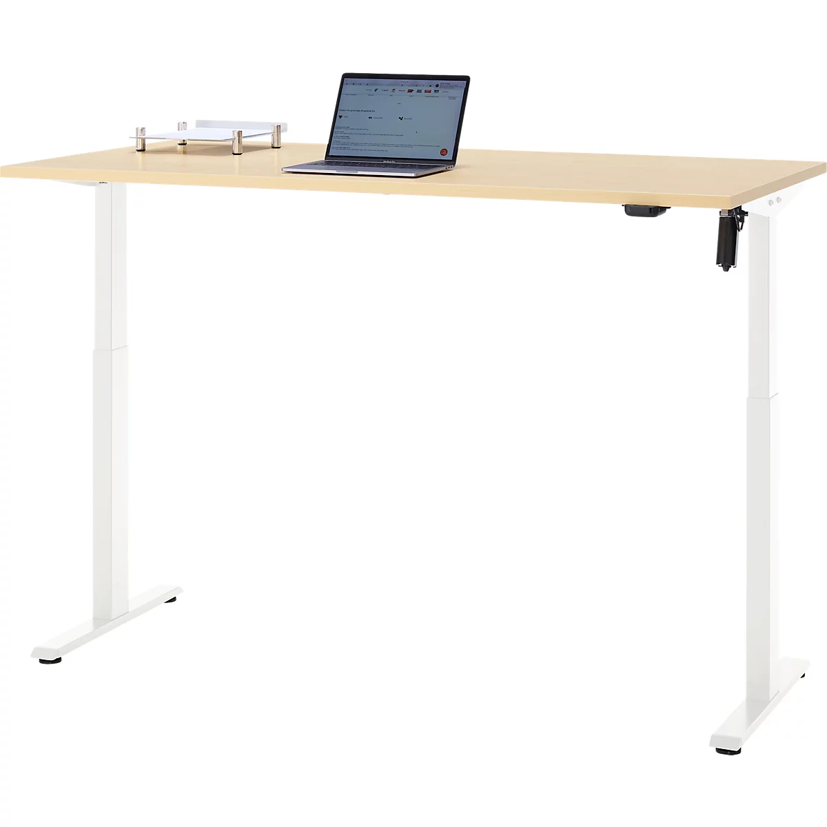 Schreibtisch, elektrisch höhenverstellbar, Rechteck, T-Fuss, B 1600 x T 800 x H 720-1200 mm, Ahorn-Dekor/weiss