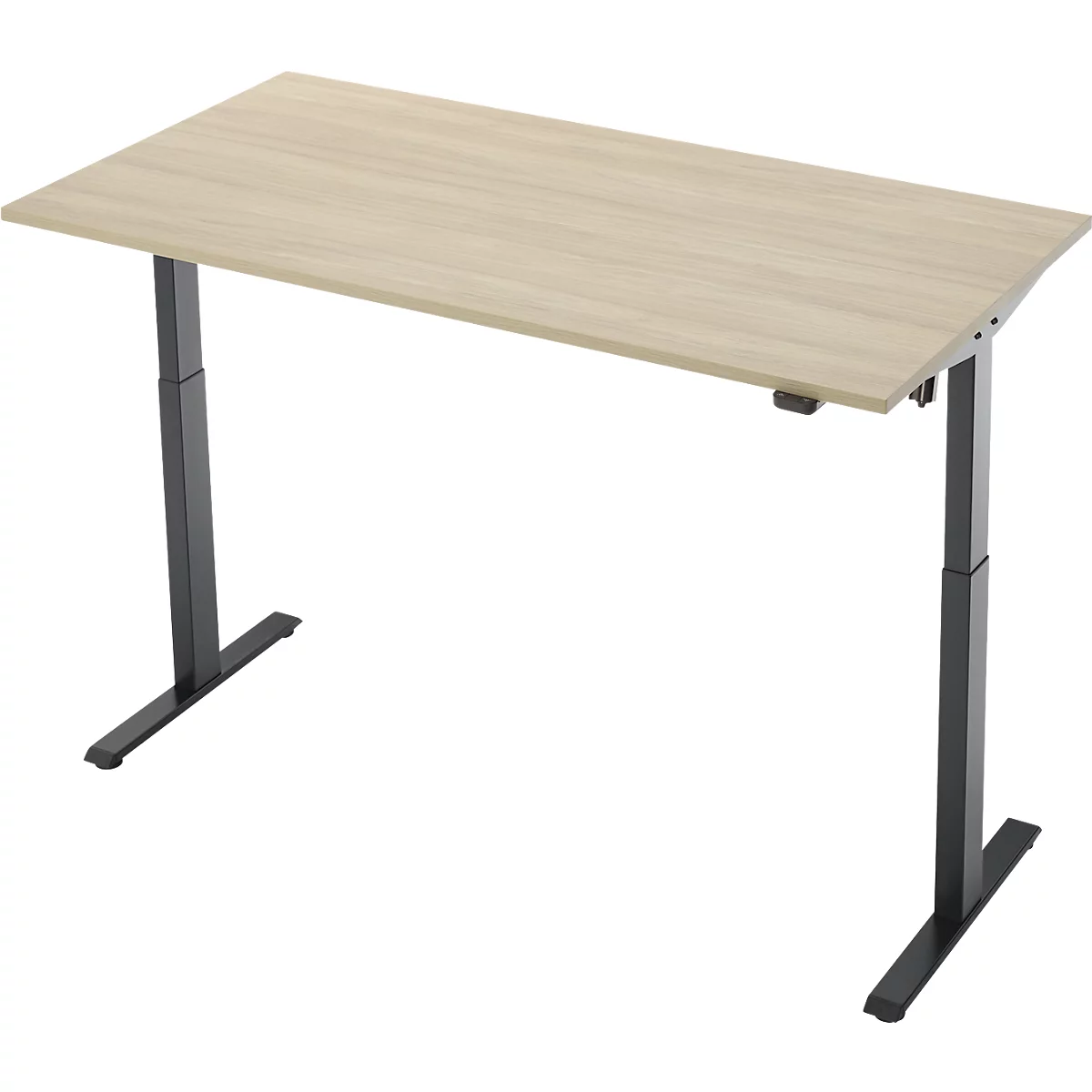 Schreibtisch, elektrisch höhenverstellbar, Rechteck, T-Fuss, B 1600 x T 800 x H 720-1200 mm, Eiche-Dekor/schwarz