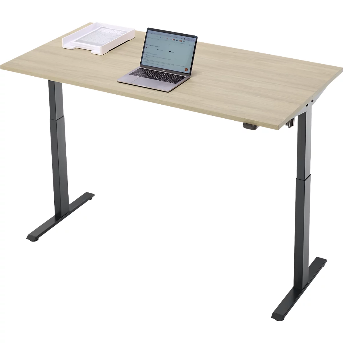 Schreibtisch, elektrisch höhenverstellbar, Rechteck, T-Fuss, B 1600 x T 800 x H 720-1200 mm, Eiche-Dekor/schwarz