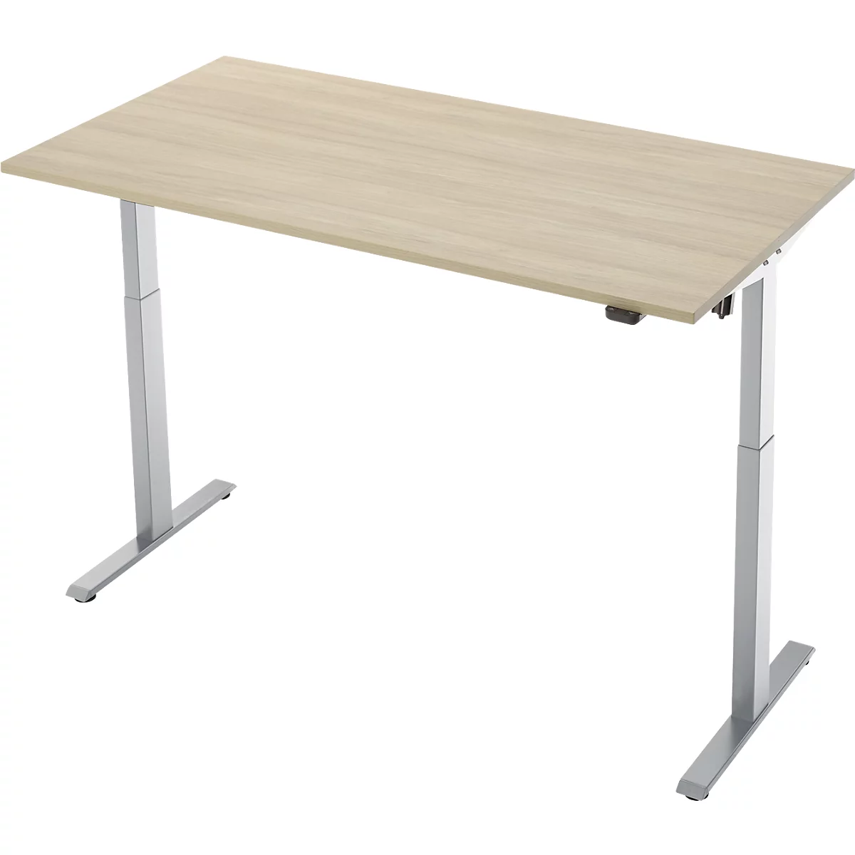 Schreibtisch, elektrisch höhenverstellbar, Rechteck, T-Fuss, B 1600 x T 800 x H 720-1200 mm, Eiche-Dekor/silber