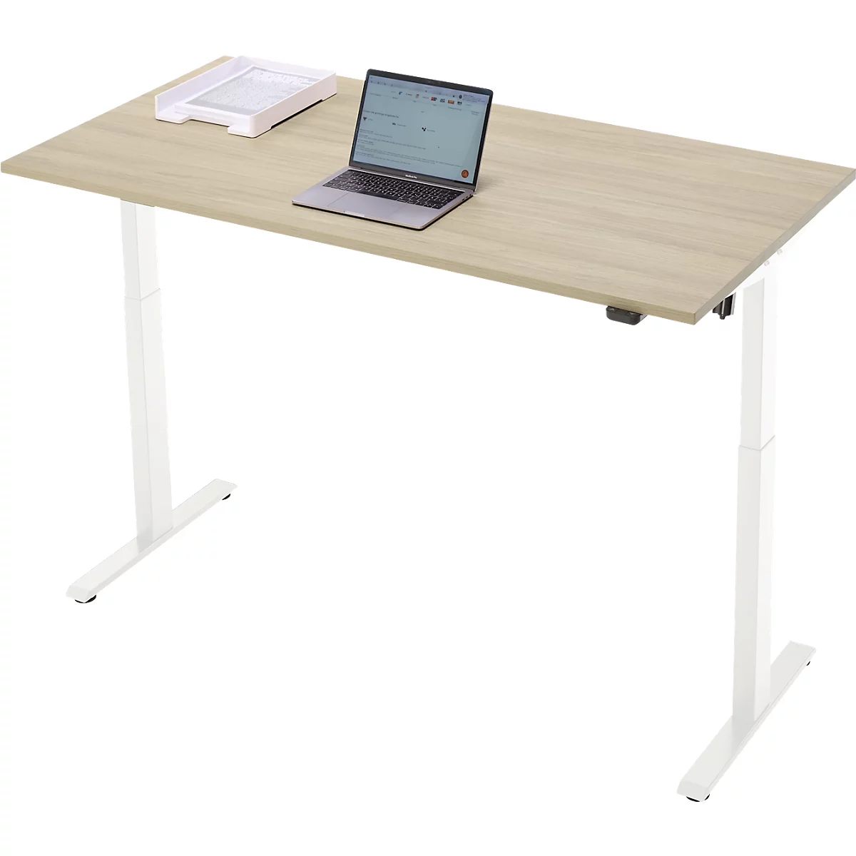 Schreibtisch, elektrisch höhenverstellbar, Rechteck, T-Fuss, B 1600 x T 800 x H 720-1200 mm, Eiche-Dekor/weiss