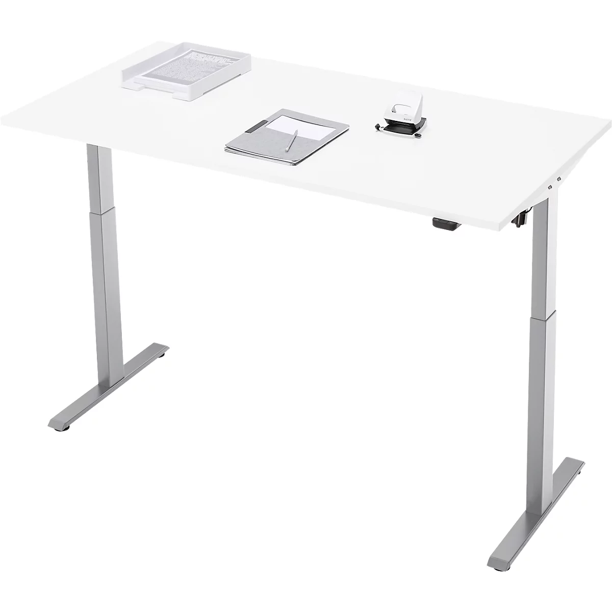 Schreibtisch, elektrisch höhenverstellbar, Rechteck, T-Fuss, B 1600 x T 800 x H 720-1200 mm, weiss/silber